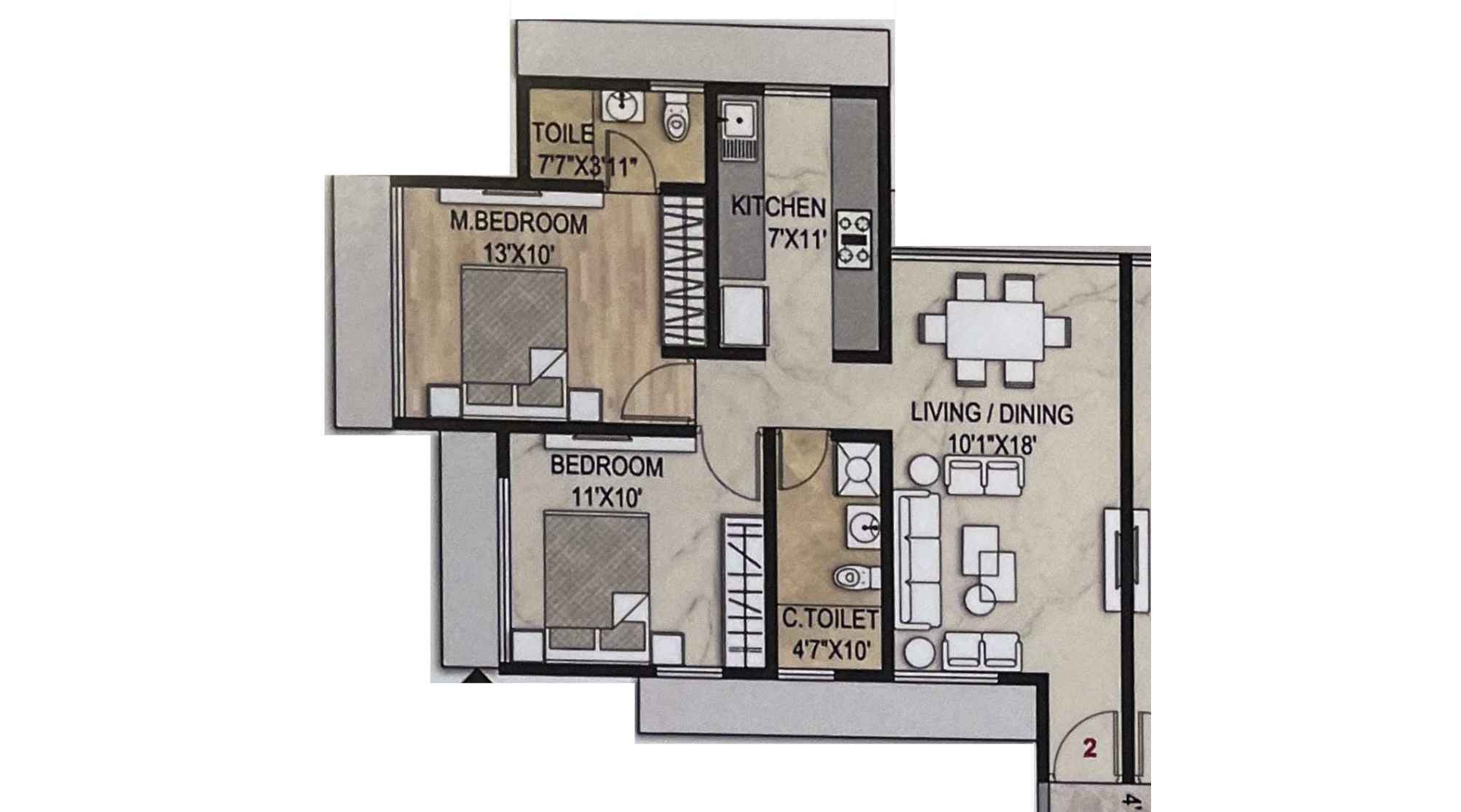 Proviso-Maplewoods-Floor-Plan-Tower-D-2-BHK-633-Sqft