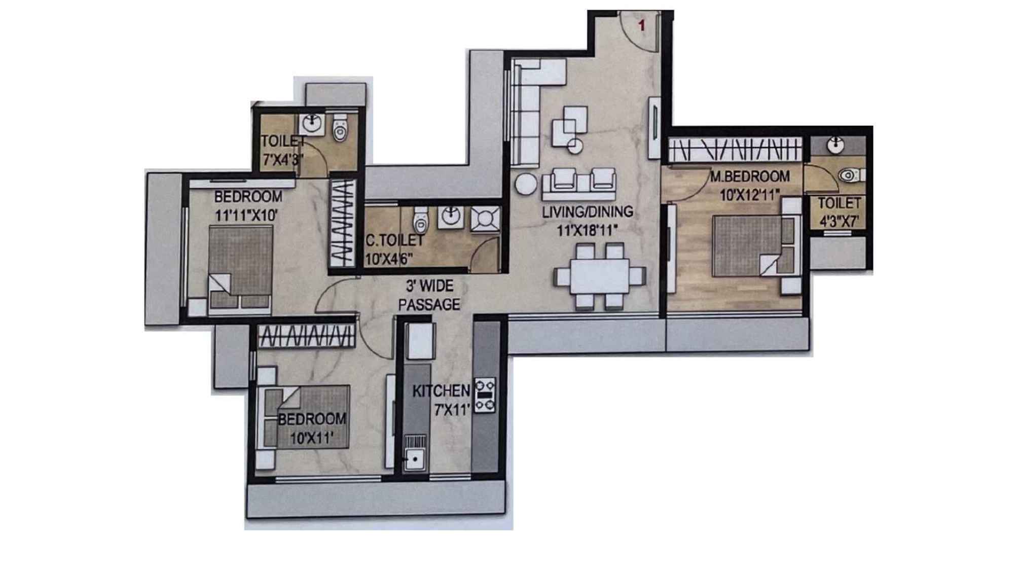 Proviso-Maplewoods-Floor-Plan-Tower-D-3-BHK-834-Sqft