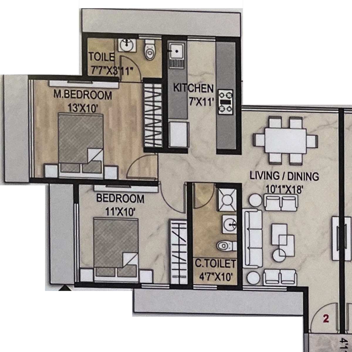 Proviso-Maplewoods-Floor-Plan-Tower-D-2-BHK-633-Sqft